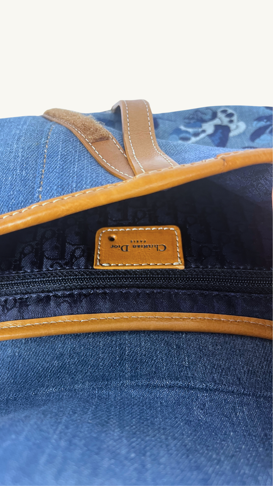 Dior Denim Embroidered Butterfly Saddle Bag with cognac brown leather 