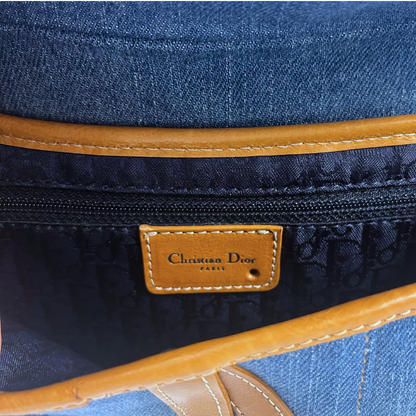 Dior Denim Embroidered Butterfly Saddle Bag with cognac brown leather 