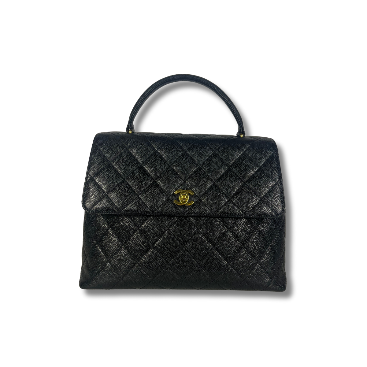 Chanel Kelly Top Handle Bag with Caviar leather and 24 carat gold hardware pre-loved pre-owned