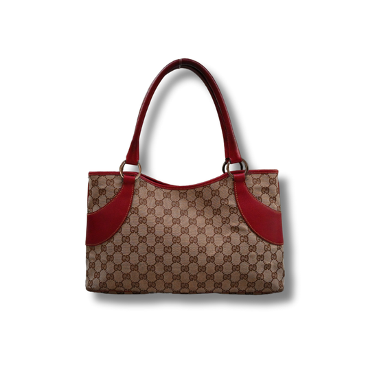 Gucci Canvas Shoulder Bag with Cherry Red Leather