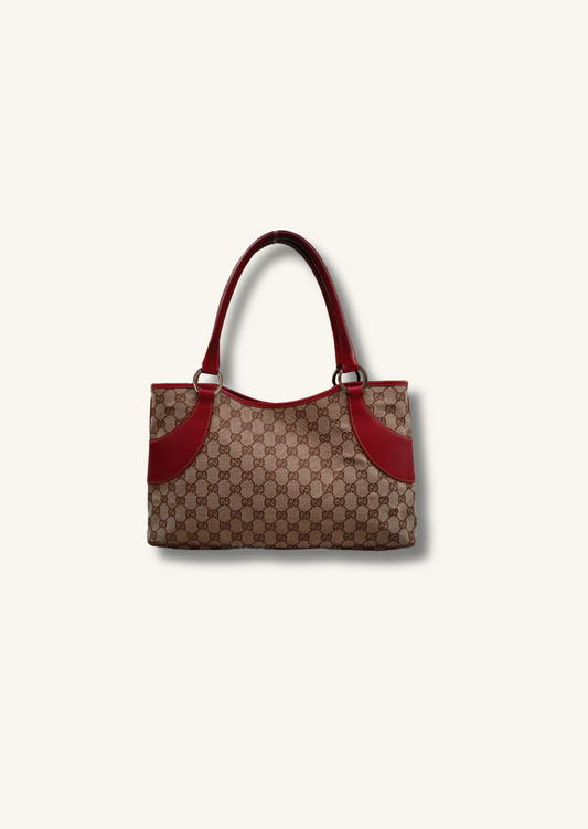Gucci Canvas Shoulder Bag with Cherry Red Leather