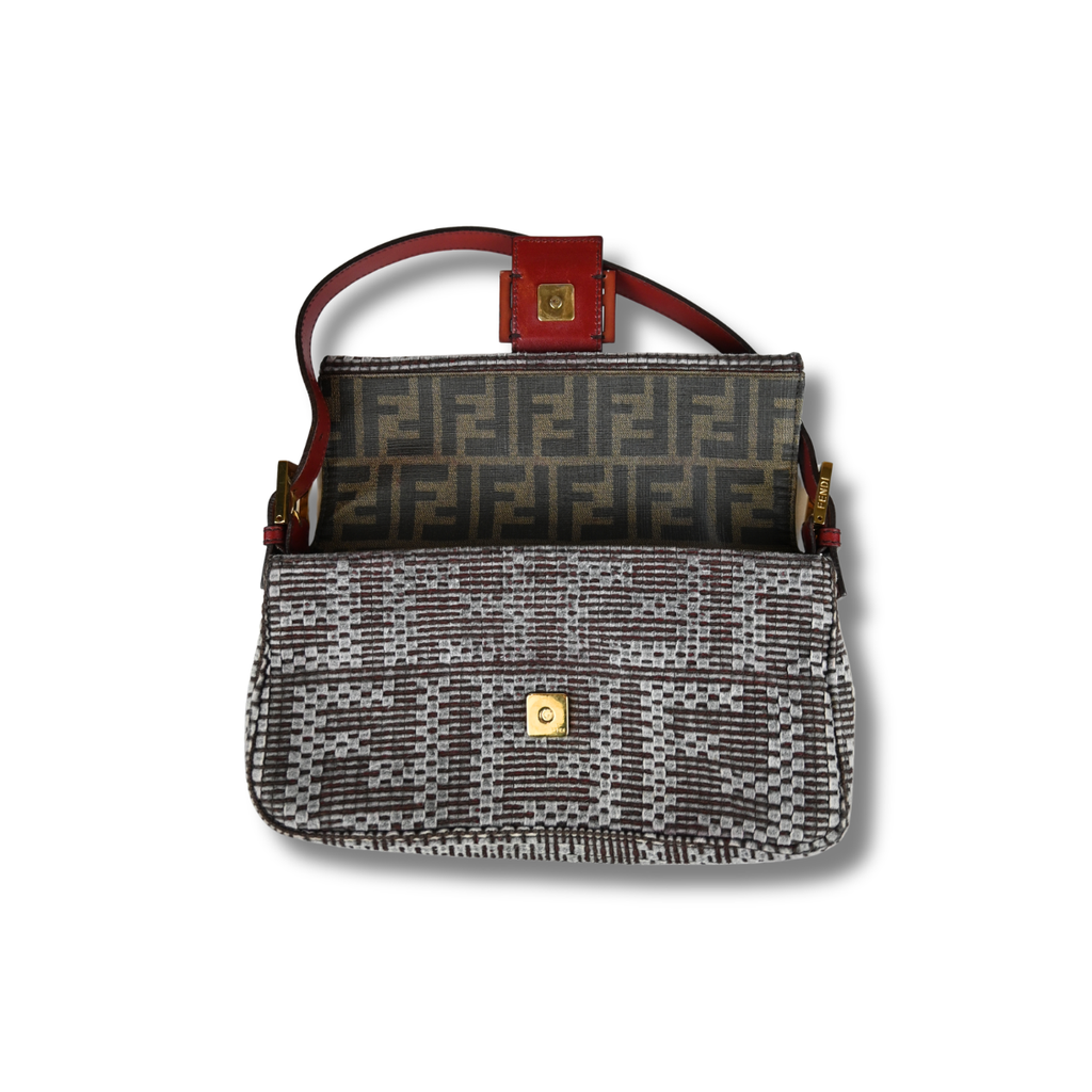 Fendi Woven Baguette Grey with Cherry red leather hardware, inside shot