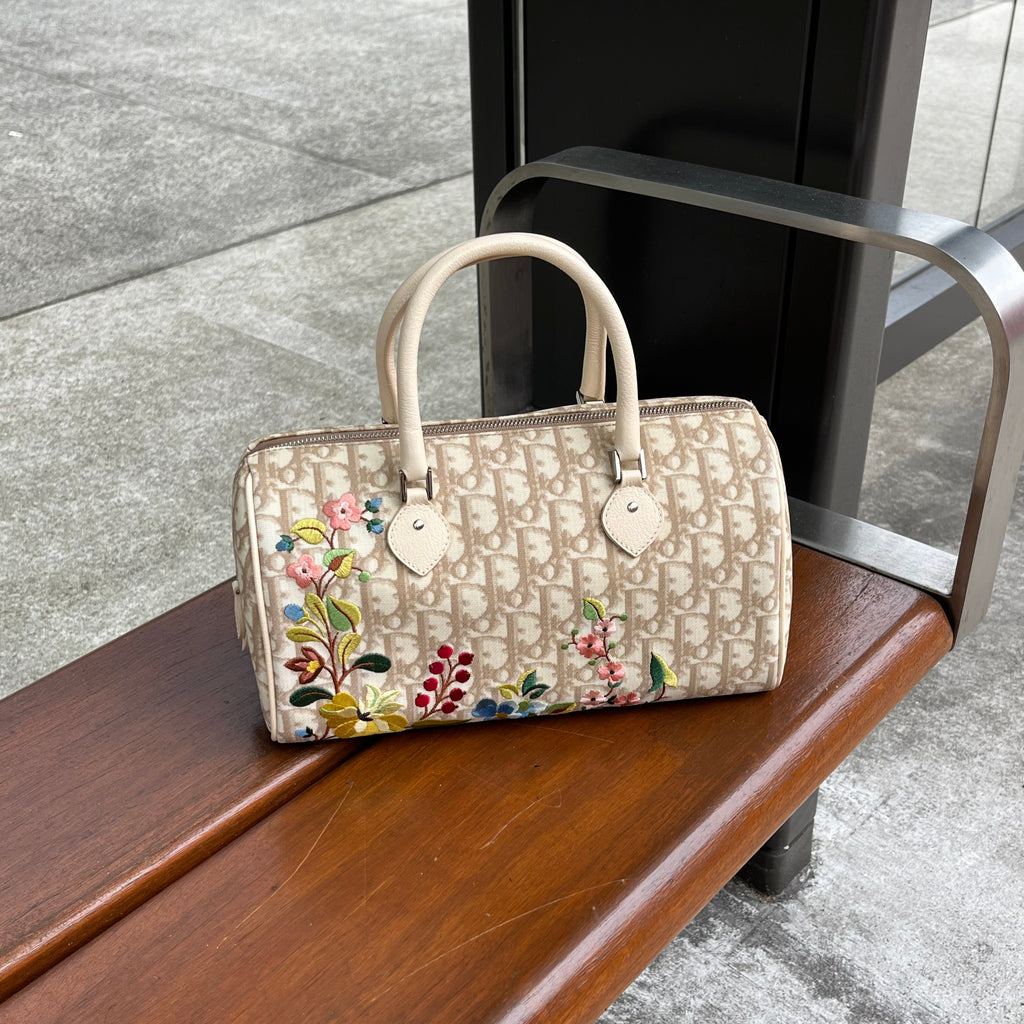 Vintage Dior Diorissimo Flower Embroidered Boston Bag