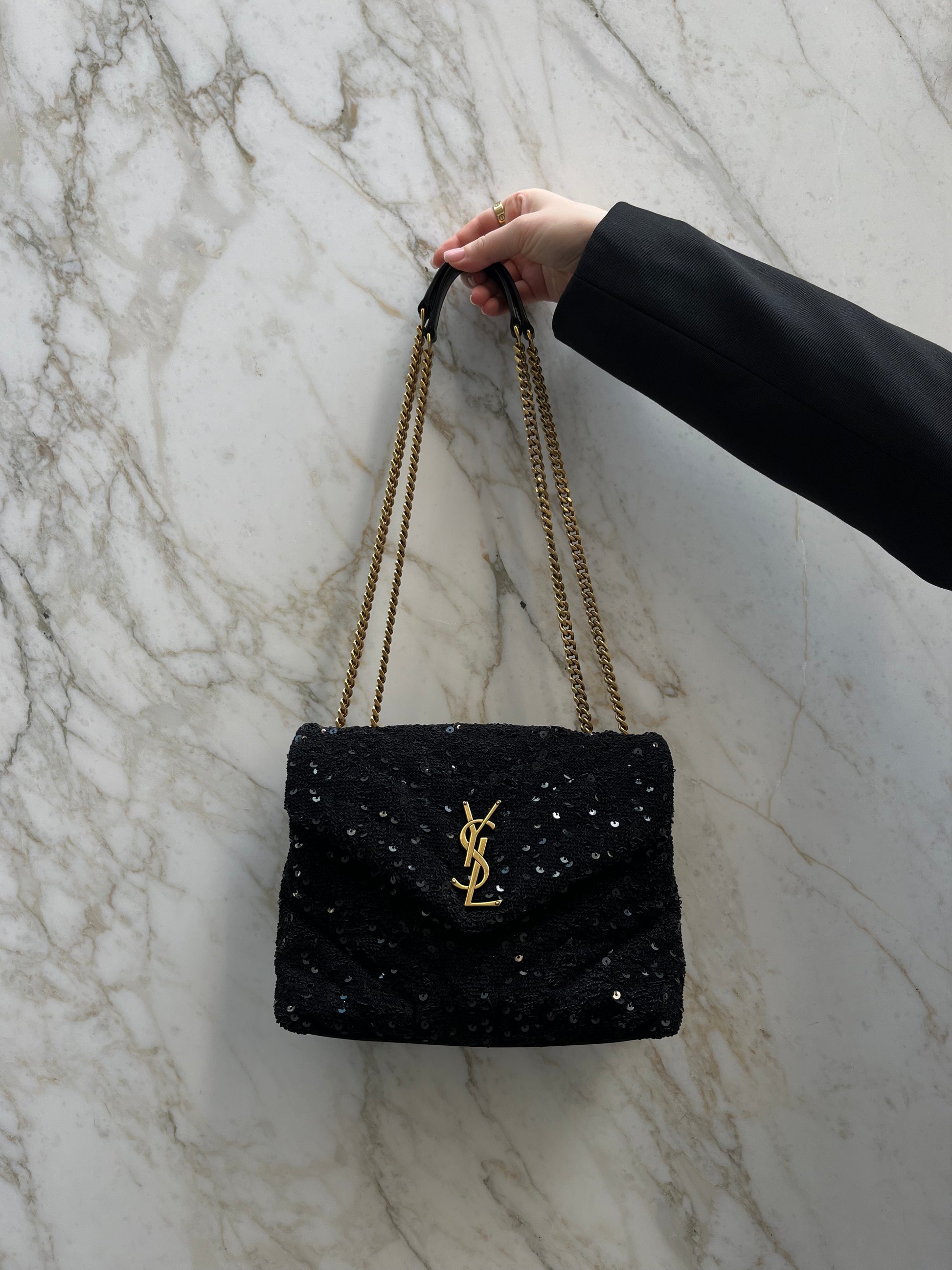 Saint Laurent Loulou Glitter Sequin Crossbody and shoulder bag with black and gold hardware