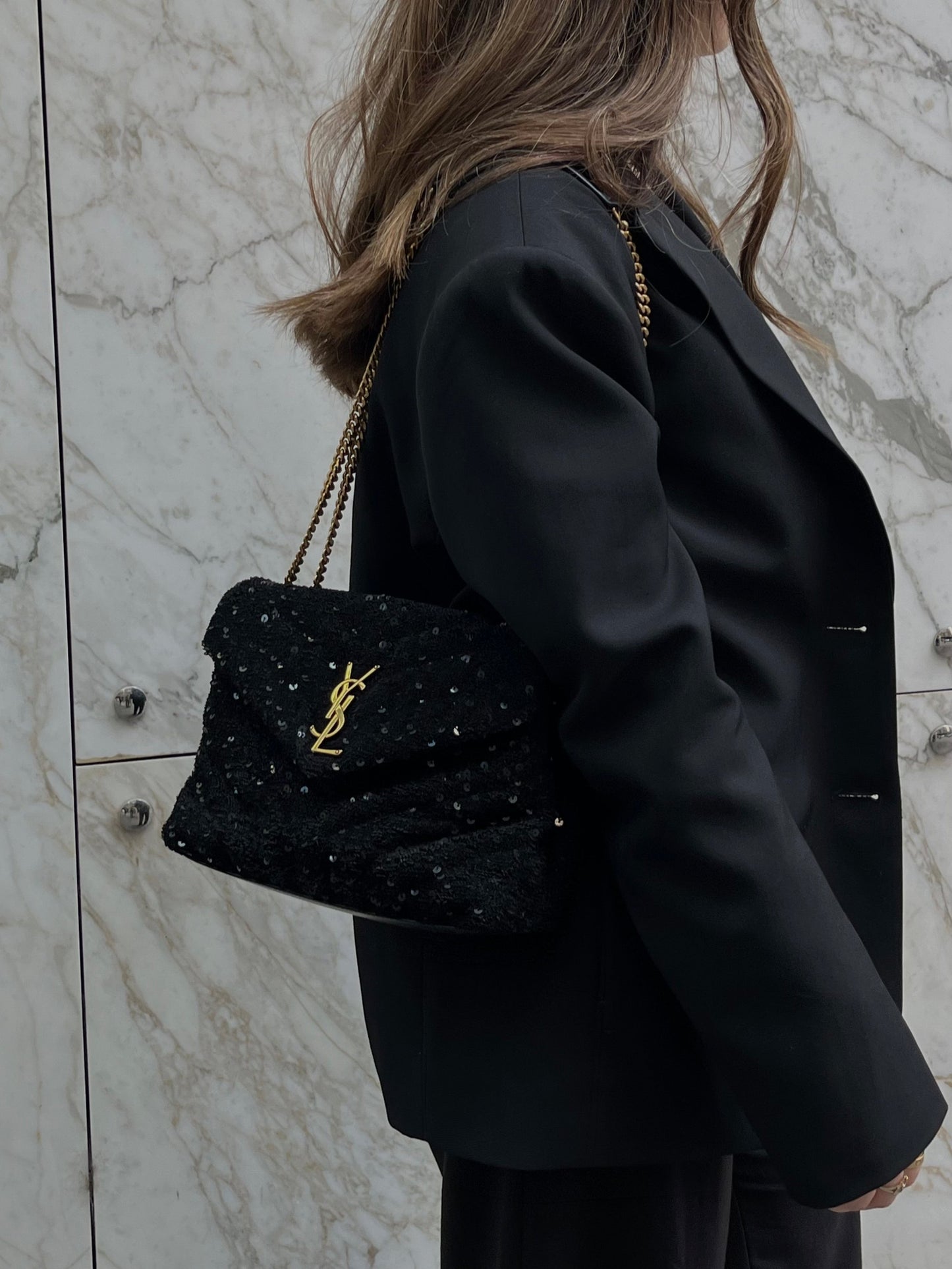 Saint Laurent Loulou Glitter Sequin Crossbody and shoulder bag with black and gold hardware