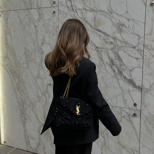 Saint Laurent Loulou Glitter Sequin Crossbody and shoulder bag with black and gold hardware