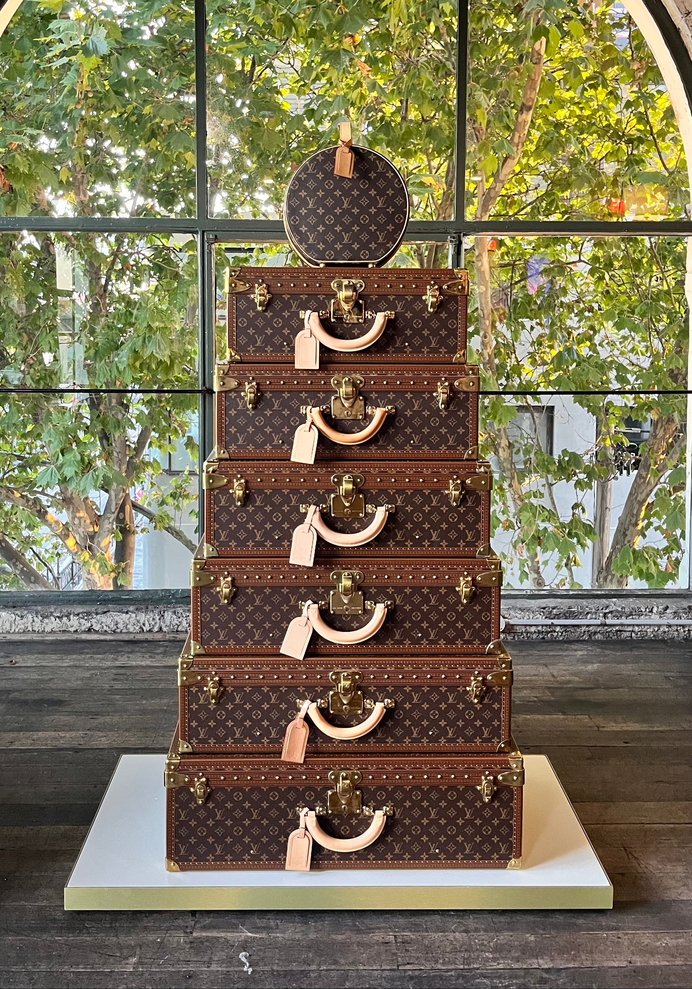 Stack of Louis Vuitton suitcases in front of a large window with greenery outside