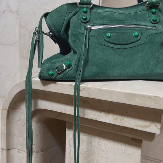 Balenciaga Arena Classic City Bag in Green Suede Leather